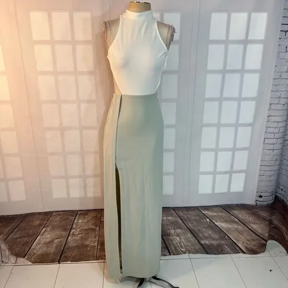 Blithe NWT White Green Open Back Sleeveless Cutout Halter Maxi Dress Small - Picture 2 of 12